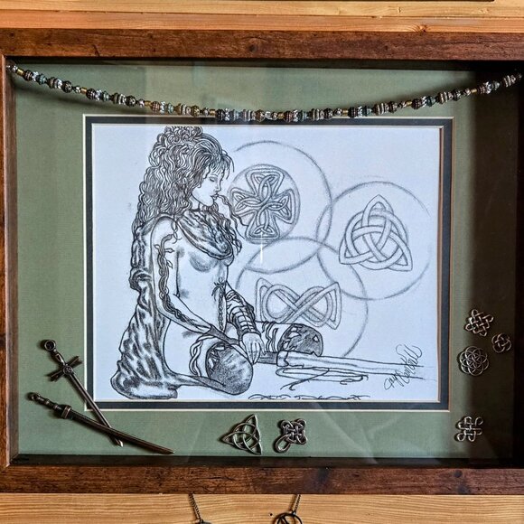 Celtic Warrior Pencil Sketch/Mixed Media Shadowbox Art "Victory On The Horizon" - Picture 1 of 1